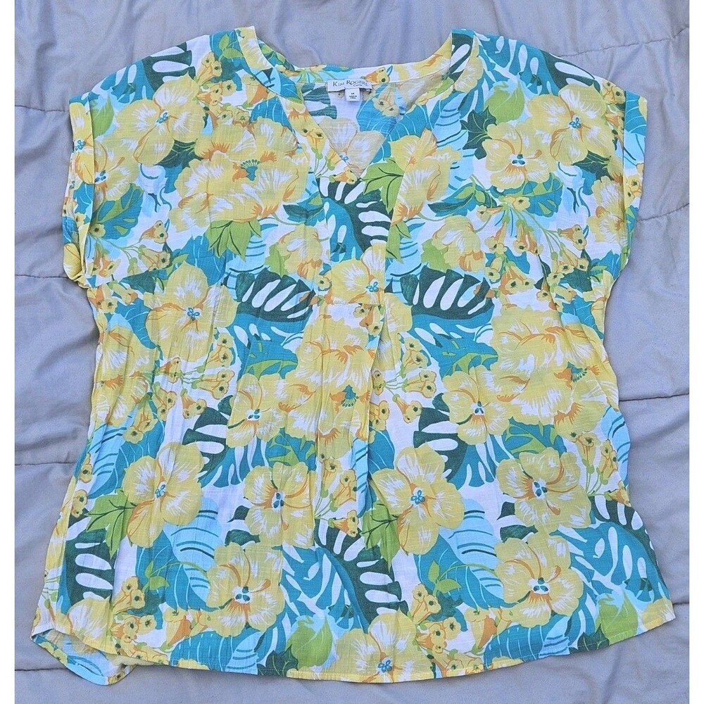 Kim Rogers Women’s 1XL Yellow Tropical Floral Blouse Short Sleeve Casual Summer